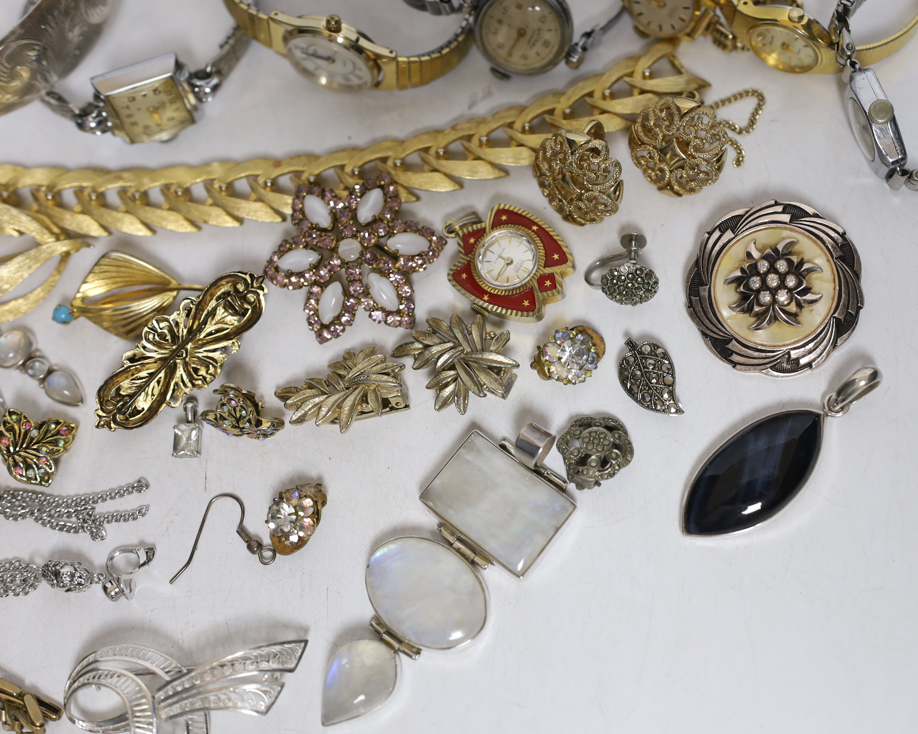 A mixed group of wrist watches including Rotary and 9ct gold Accurist and jewellery including 925 and costume.